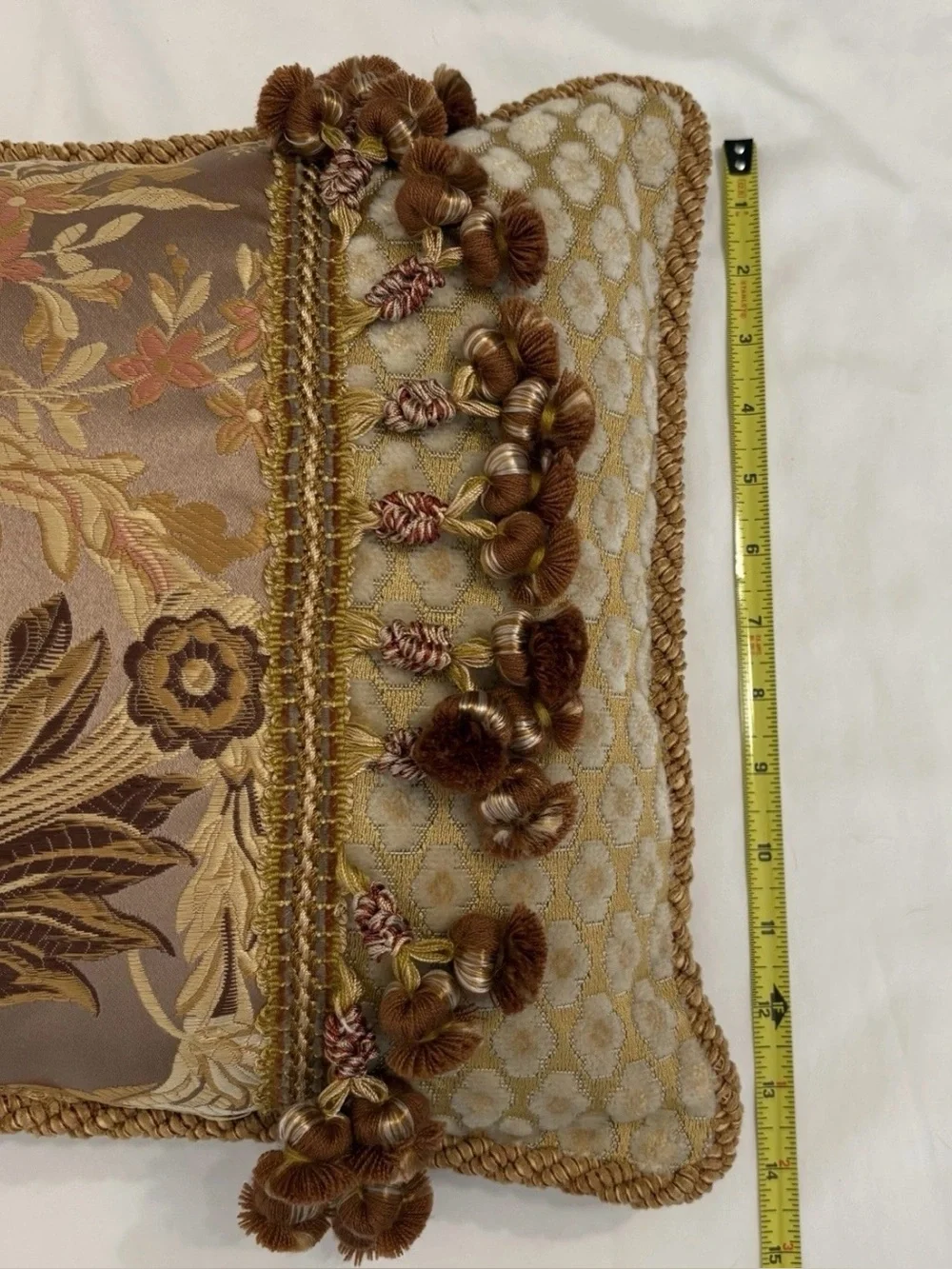 Neiman Marcus Sweet Dreams Taupe and Gold Floral Jacquard Pillow with Braide